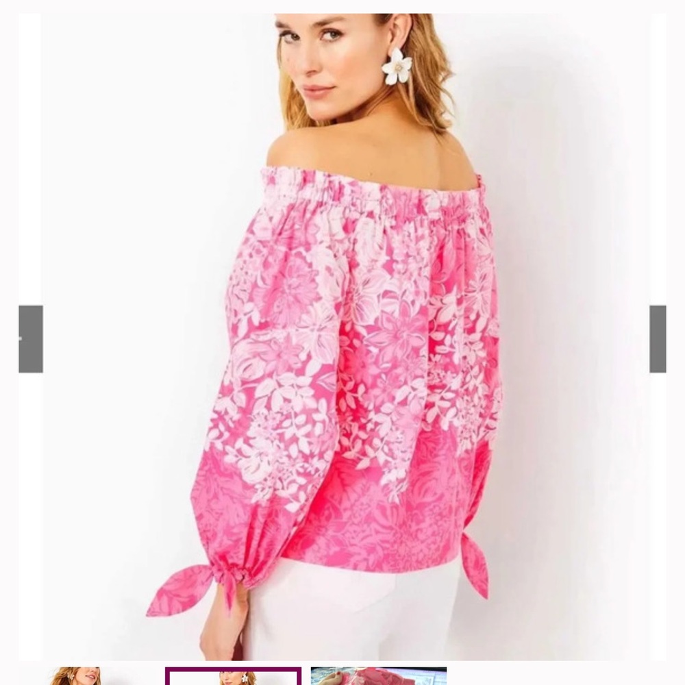 Lilly Pulitzer Jamielynn Roxie Pink Floral Off-Shoulder Blouse with tie sleeves